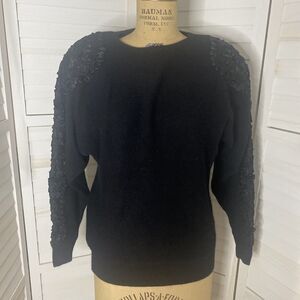 80s/90s VINTAGE NILANI Black Sweater SZ Small Lambswool Beads And Ribbon Trim